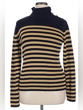 LRL Lauren Jeans Company Striped Navy  & Tan Mock-Neck Sweater